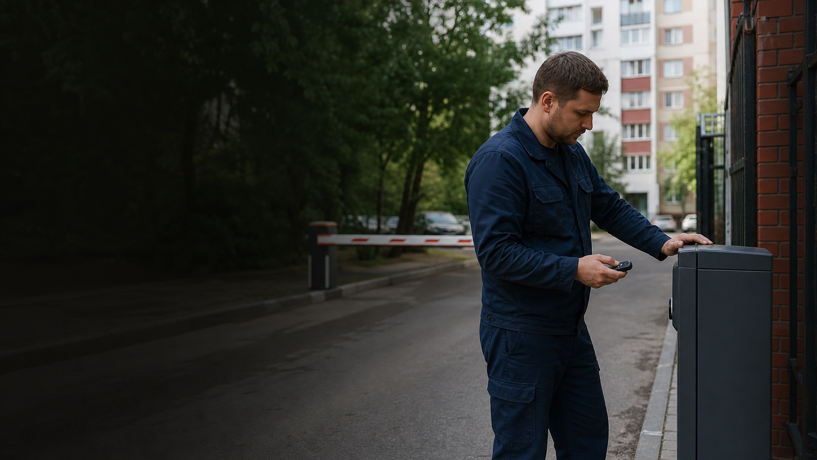 Иллюстрация: мастер проверяет пульт и приёмник шлагбаума